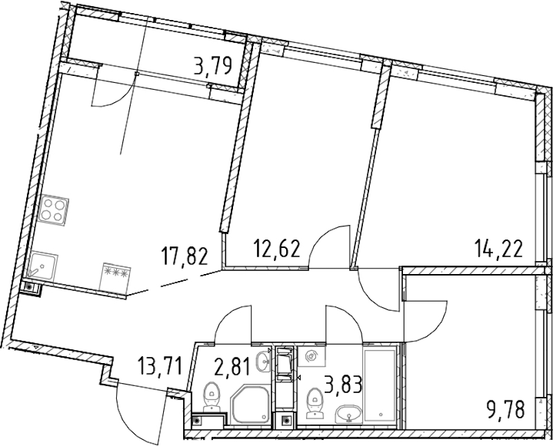 3-комнатная квартира 74.79 м², 17/17 эт., ЖК «Город Первых»